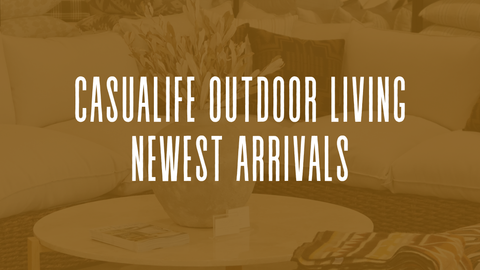Text banner overlay reading Exclusive 2026 Arrival at Casualife Outdoor Living featuring a blurred background of a luxury patio furniture set.